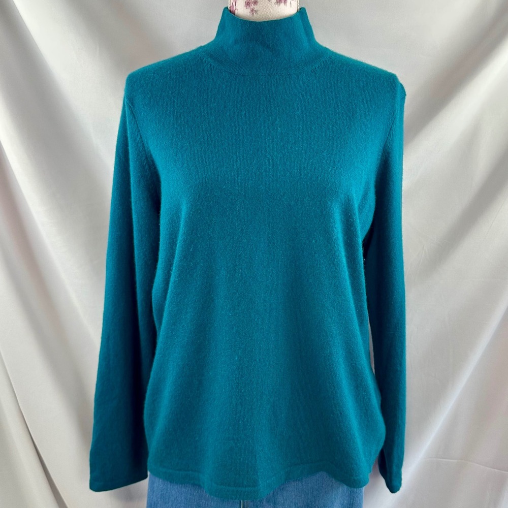 100% Cashmere Sweater XL Petite 18 20 Teal Blue Mock Neck Soft Knit Lands' End - Picture 3 of 17